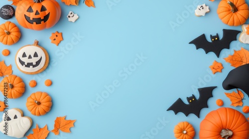 Halloween Celebration Banner, vibrant flat-lay design featuring festive decorations, pumpkin cookies, spooky costume props, and generous space for text to invite creativity.