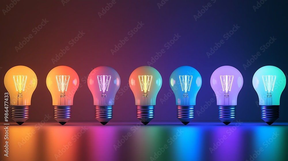 A set of smart home light bulbs emitting various colors A set of smart home light bulbs emitting various colors