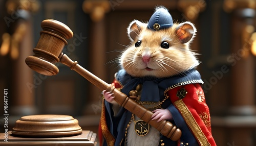 Whimsical hamster judge in robe and wig presiding over miniature courtroom with gavel in hand photo