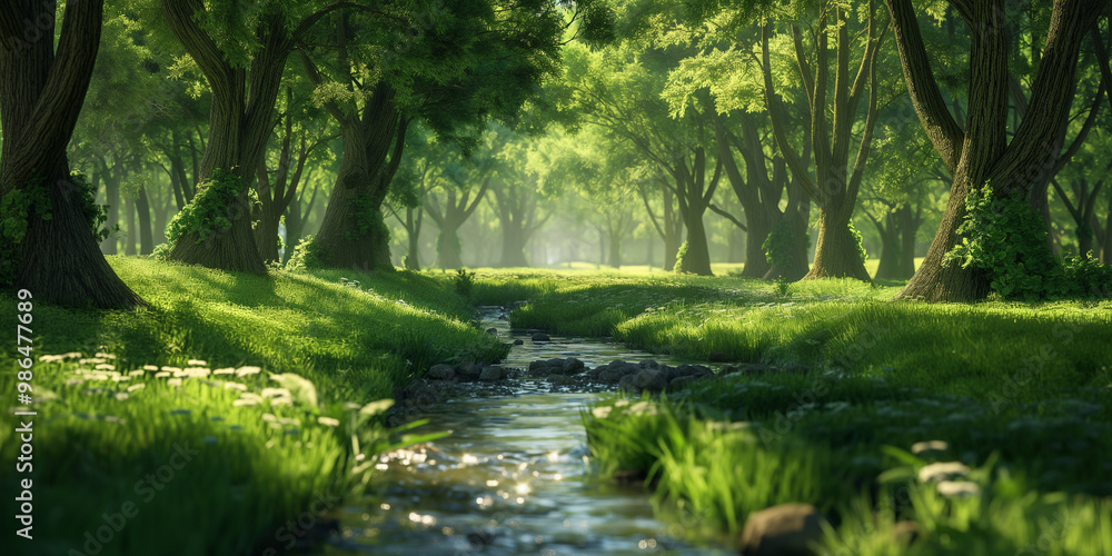 Naklejka premium A stream of water meandering is running through a lush green forest filled with vibrant vegetation and tall trees. 