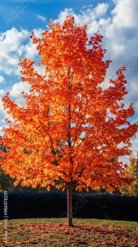 The stunning Paperbark Maple stands proudly adorned with radiant red foliage photo