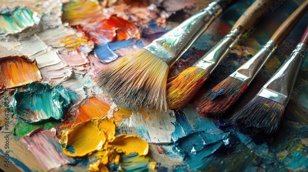 Vibrant Palette with Paintbrushes for Creative Artwork