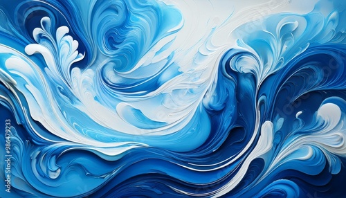 Abstract blue and white painting with swirling, marbled texture.