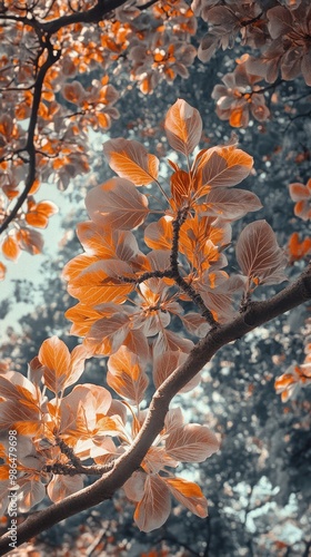 Vivid red fruits of a Stewartia tree shine brightly under the gentle sunlight captivating all photo