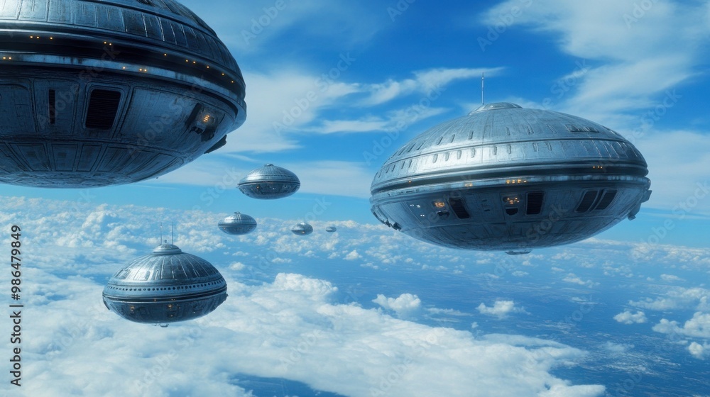 A group of sleek flying saucers hovers in the sky, moving gracefully above clouds on a sunny day. Their metallic surfaces reflect sunlight, highlighting their unique shapes A group of sleek flying saucers hovers in the sky, moving gracefully above clouds on a sunny day. Their metallic surfaces reflect sunlight, highlighting their unique shapes