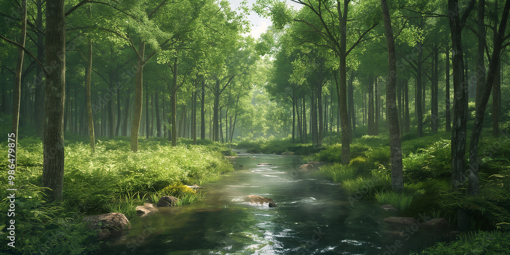 A stream of water meandering is running through a lush green forest filled with vibrant vegetation and tall trees.
A stream of water meandering is running through a lush green forest filled with vibrant vegetation and tall trees.
