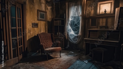 Haunted house tour with dramatic shadows and eerie details