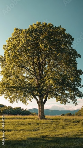 A magnificent sycamore reaches upward its lush leaves contrasted against a brilliant blue sky