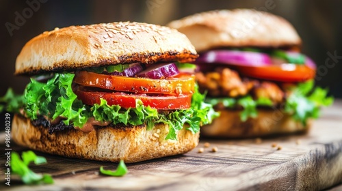 Two appetizing burgers stacked high with lettuce, tomatoes, onions, and grilled patties sit on a rustic wooden board, emphasizing their freshness and flavor