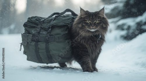 A Maine Coon cat strides confidently through a snowy landscape, its green backpack slung over one shoulder, showcasing its unique fur and curiosity amidst the winter scenery photo