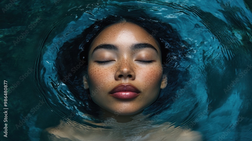 A woman with freckles floats peacefully in the clear blue water, her eyes closed, creating a calm and serene atmosphere that invites relaxation and tranquility A woman with freckles floats peacefully in the clear blue water, her eyes closed, creating a calm and serene atmosphere that invites relaxation and tranquility