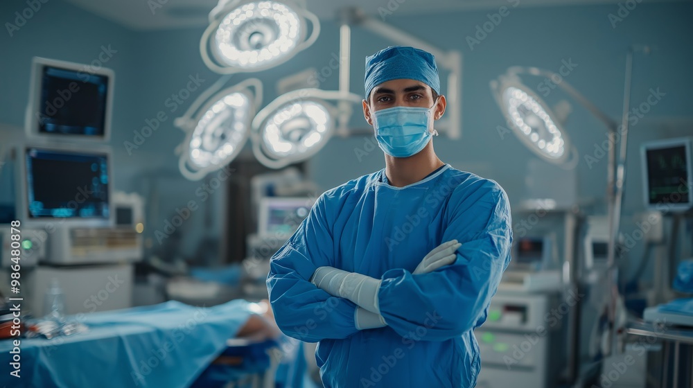 Confident Young Male Surgeon in Modern Surgical Room, Ready for Procedure