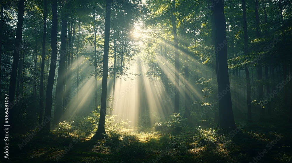 Fototapeta premium Sunbeams Piercing Through a Misty Forest