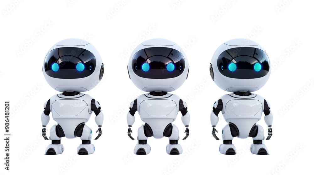 Three small white robot chat bot isolated on a transparent background Three small white robot chat bot isolated on a transparent background