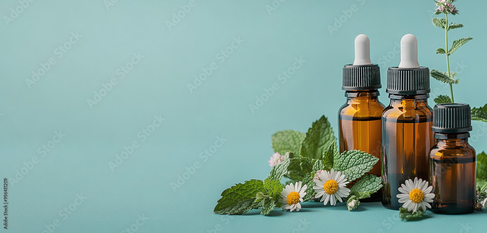 A few bottles of aromatic essential oil with peppermint leaves and flowers displayed in an attractive copy space image A few bottles of aromatic essential oil with peppermint leaves and flowers displayed in an attractive copy space image