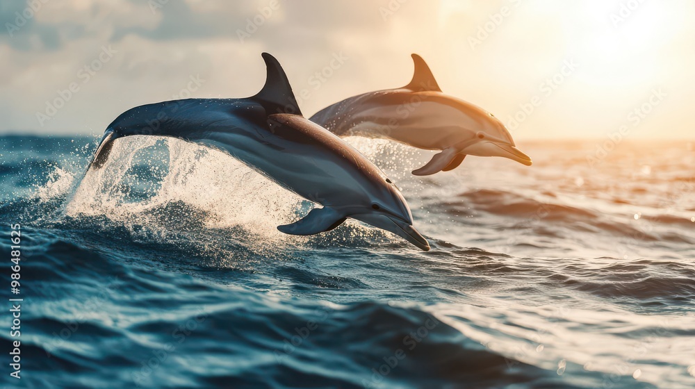 Naklejka premium Playful Dolphins Leaping Over Ocean Waves