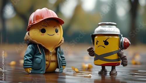 Whimsical playground scene featuring cans in jackets and raincoats with a curious can interviewing an angry helmet-wearing can in a pastel minimalistic style photo