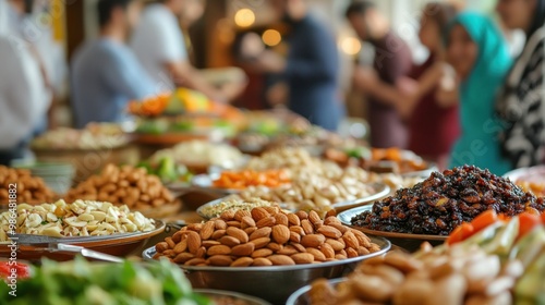 Delicious spread of nuts and dried fruits photo