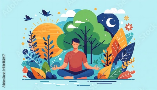 A person meditating outdoors with nature elements flat design illustration