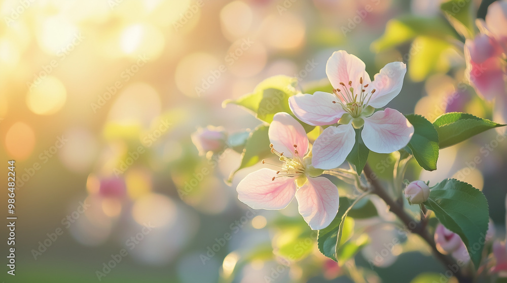 Pink apple blossoms in warm golden sunlight Pink apple blossoms in warm golden sunlight