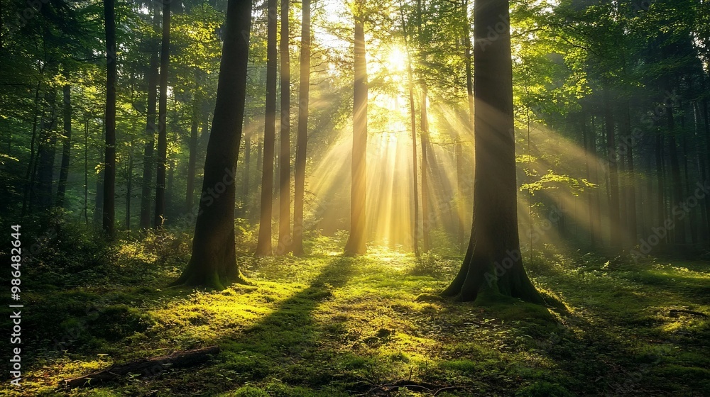 Sunbeams Illuminating a Dense, Green Forest Sunbeams Illuminating a Dense, Green Forest