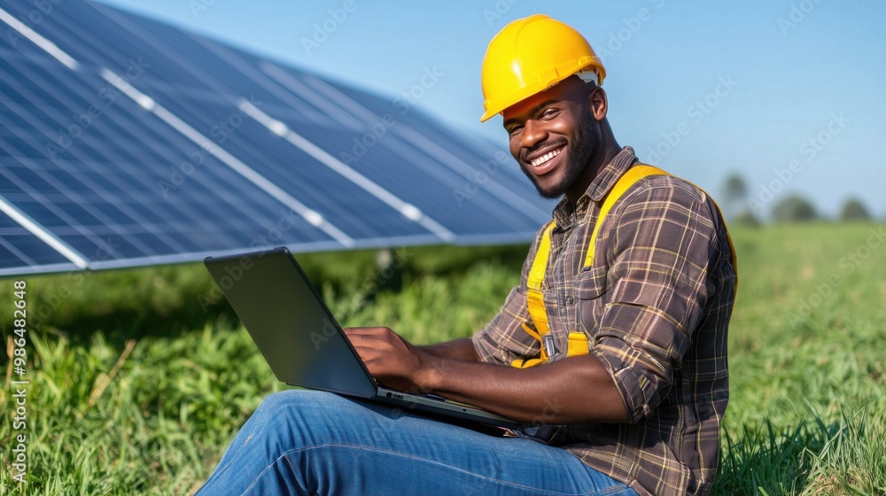 A technician wearing a hard hat and safety gear is sitting on the grass, focused on his laptop while surrounded by solar panels under clear skies A technician wearing a hard hat and safety gear is sitting on the grass, focused on his laptop while surrounded by solar panels under clear skies
