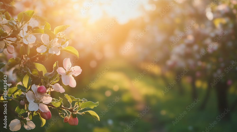 Apple blossoms glowing in orchard at sunset Apple blossoms glowing in orchard at sunset