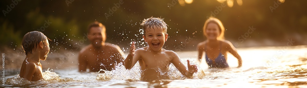Obraz premium Joyful family enjoying a summer swim