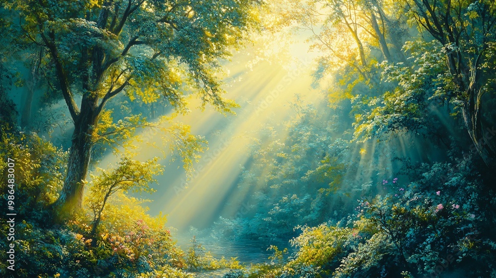 Sunbeams Illuminating a Tranquil Forest Stream Sunbeams Illuminating a Tranquil Forest Stream