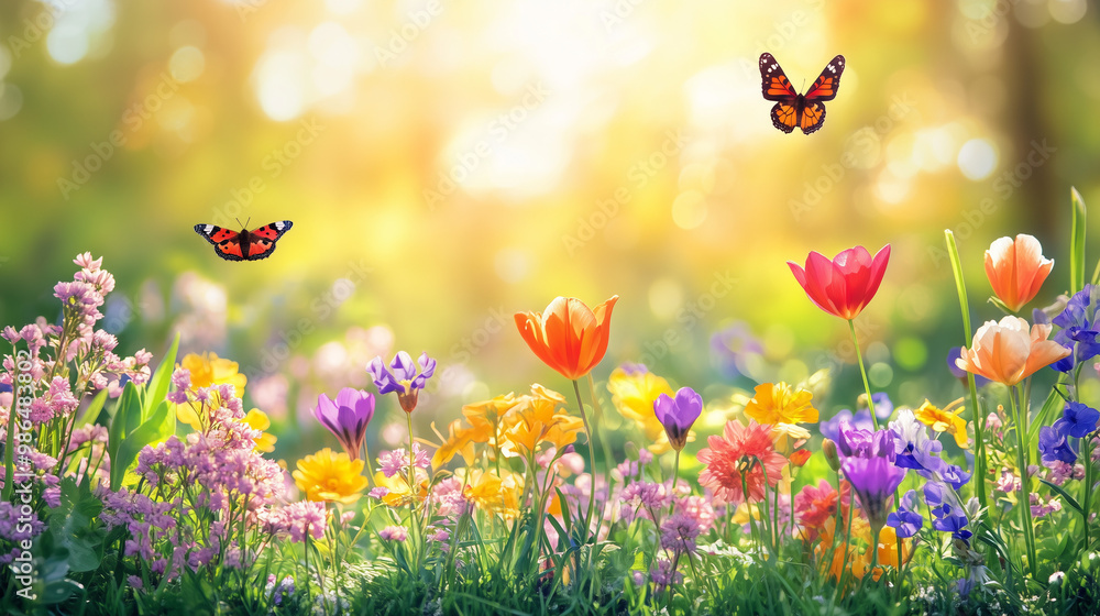 Vibrant tulips and butterflies in sunlit wild meadow Vibrant tulips and butterflies in sunlit wild meadow