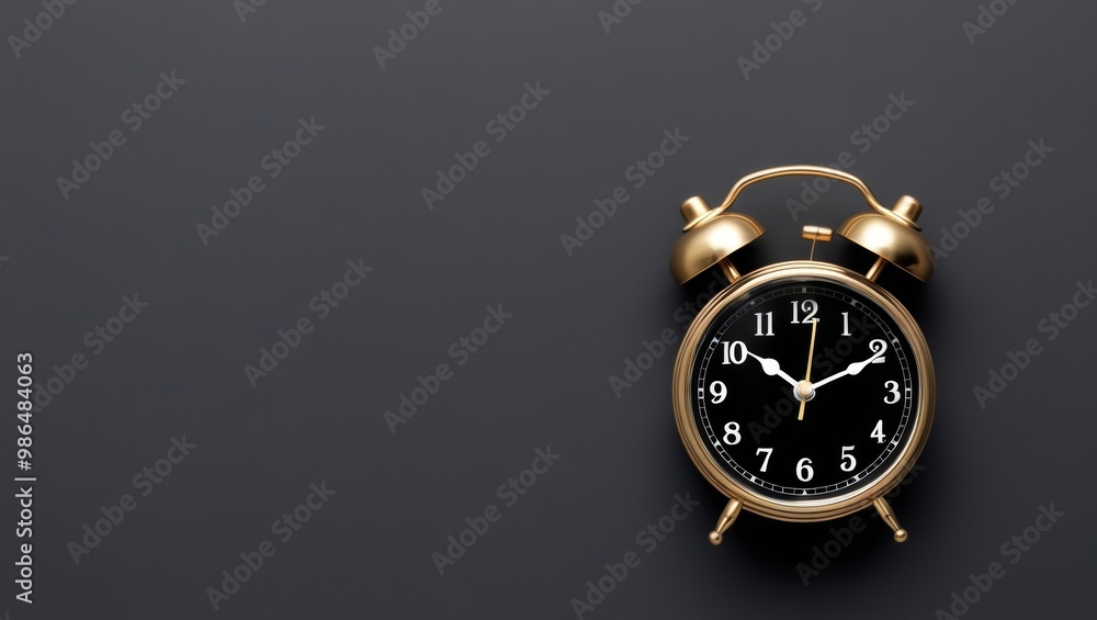 Golden alarm clock with black face on dark background Golden alarm clock with black face on dark background