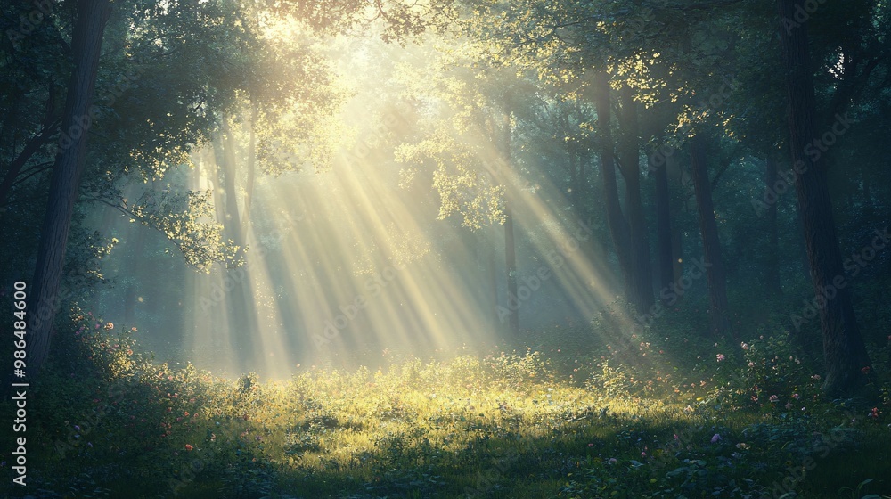 Sunbeams Illuminating a Misty Forest Clearing Sunbeams Illuminating a Misty Forest Clearing