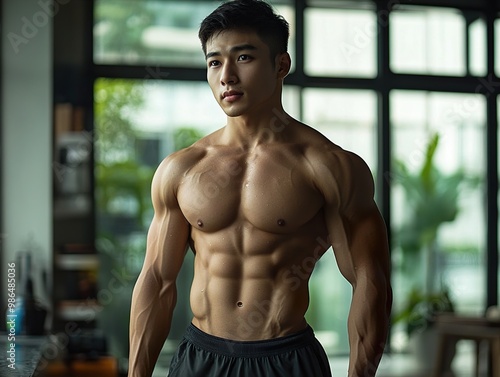 Muscular Man Posing in Gym, Fitness Motivation