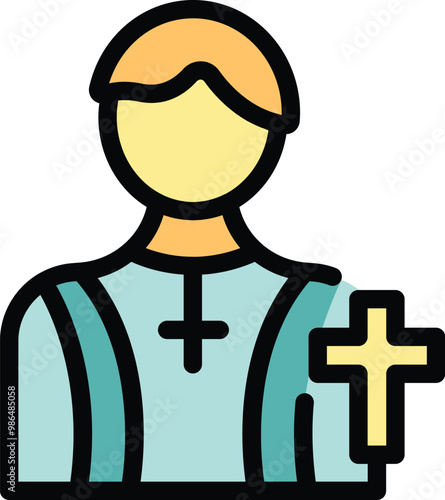 This colorful icon depicts a catholic priest wearing a cassock with a prominent cross, symbolizing faith and religious devotion