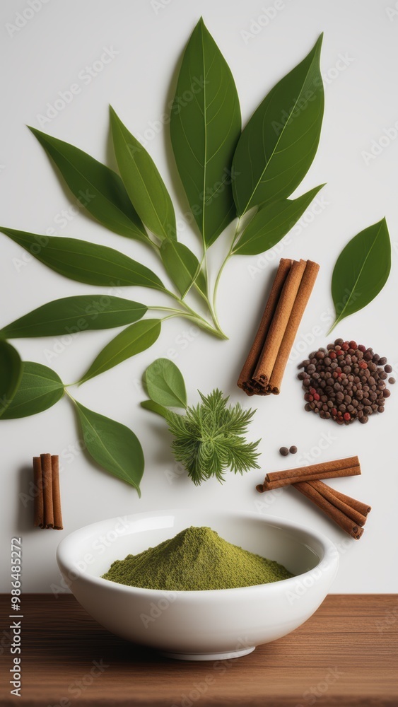 Dried bay leaves cinnamon sticks and turmeric spice on a neutral background. Dried bay leaves cinnamon sticks and turmeric spice on a neutral background.