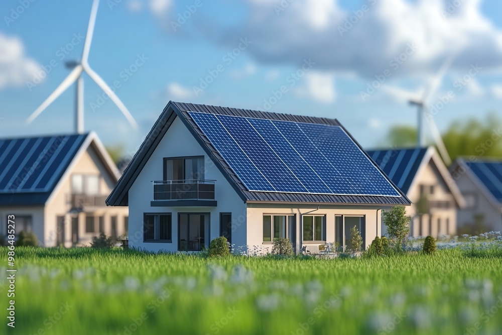 Modern house with solar panels in green field Modern house with solar panels in green field
