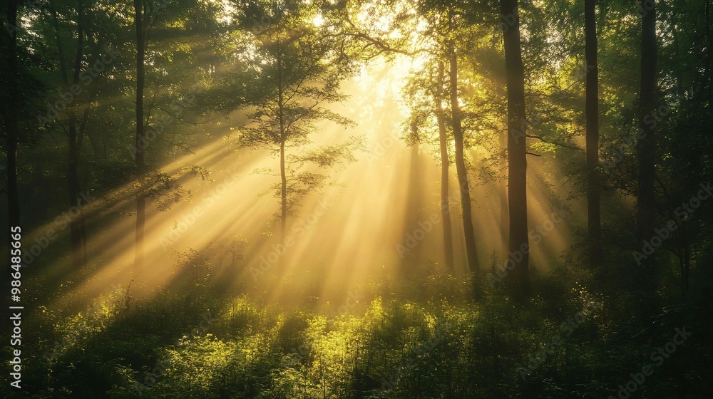 Obraz premium Sunbeams Breaking Through a Misty Forest