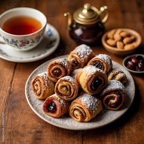 Assorted Rugelach with Tea on Wooden Surface photo