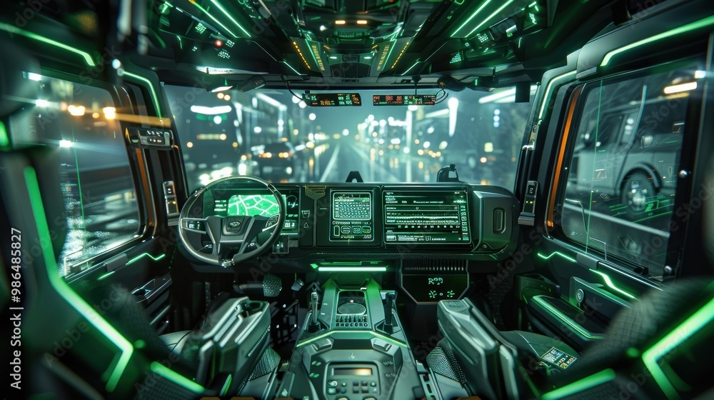 Fototapeta premium A futuristic truck interior with a digital cockpit, voice-activated controls, and smart navigation system, bathed in green ambient lighting.
