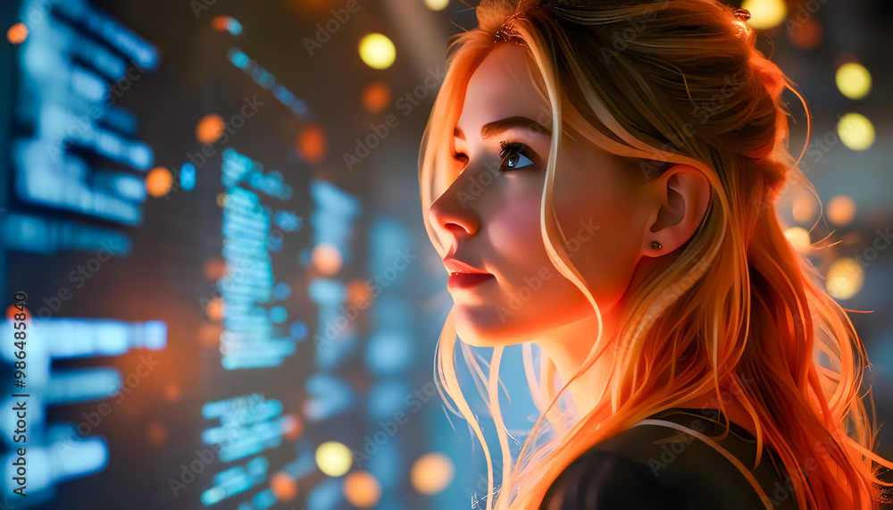 Woman Looking at a Digital Screen with a Blurry Background. Woman Looking at a Digital Screen with a Blurry Background.