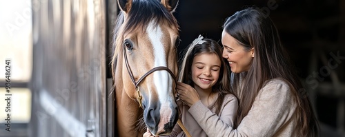 Mother and daughter with a horse, smiling together
