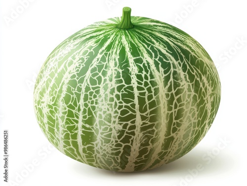 Fresh green melon with intricate skin patterns, perfect for healthy recipes, smoothies, or summer fruit displays, white background