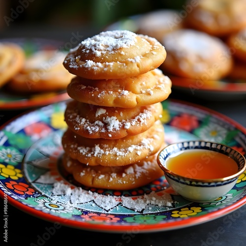 Stack of Sfenj with Powdered Sugar on Moroccan Plate with Honey photo