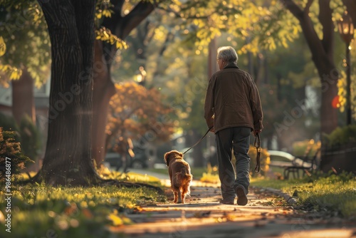 An elderly man walking a dog in a peaceful neighborhood park, illustrating daily activities of seniors.