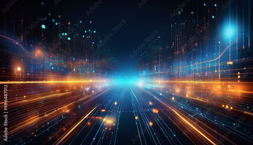 Abstract digital data streams and glowing symbols on a dark background, creating a futuristic and technological scene. Abstract digital data streams and glowing symbols on a dark background, creating a futuristic and technological scene.