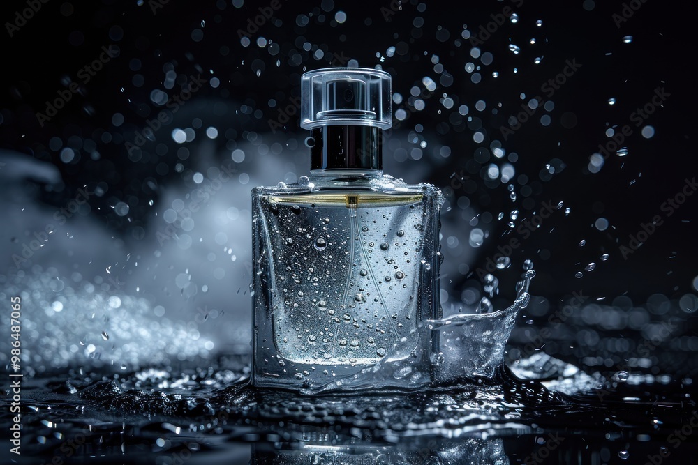 A studio shot of a perfume bottle with water droplets against a black background, conveying a sense of freshness and sophistication for an advertisement. A studio shot of a perfume bottle with water droplets against a black background, conveying a sense of freshness and sophistication for an advertisement.