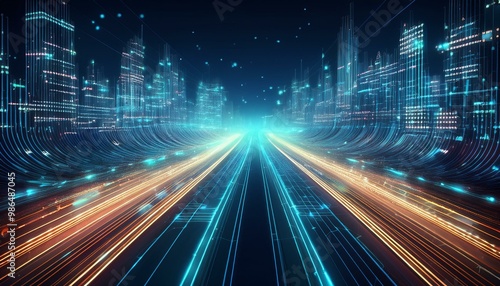 Abstract digital highway with glowing lines and data icons. Futuristic concept for technology, innovation, and connectivity. photo