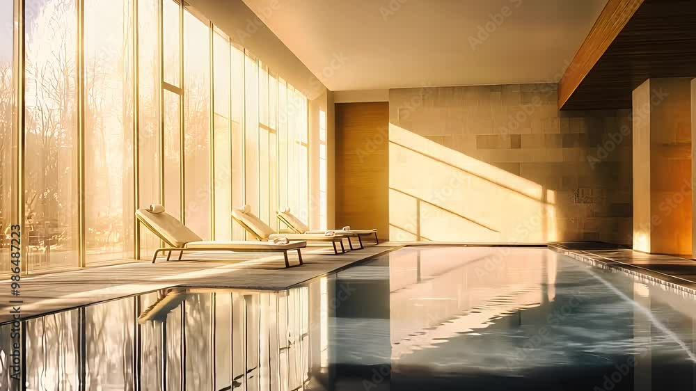 Luxury indoor swimming pool with lounge chairs and natural sunlight in a modern spa or wellness center interior design Luxury indoor swimming pool with lounge chairs and natural sunlight in a modern spa or wellness center interior design