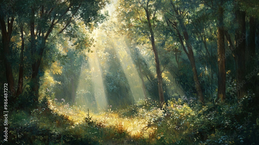 Fototapeta premium Sunlight Filtering Through Trees in a Lush Forest