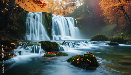 The beauty of autumn forest waterfall